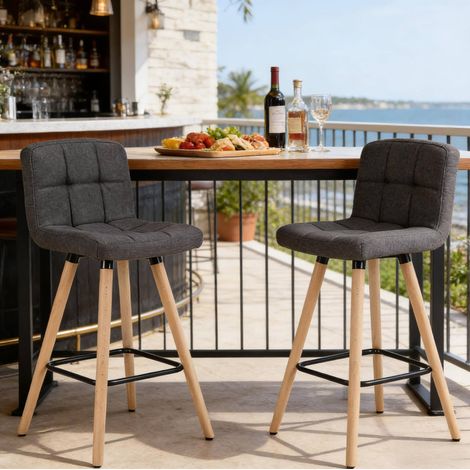 Sgabello da bar in legno massello e lino grigio scuro, set da 2, con seduta ergonomica e piedini antiscivolo (1/5)
