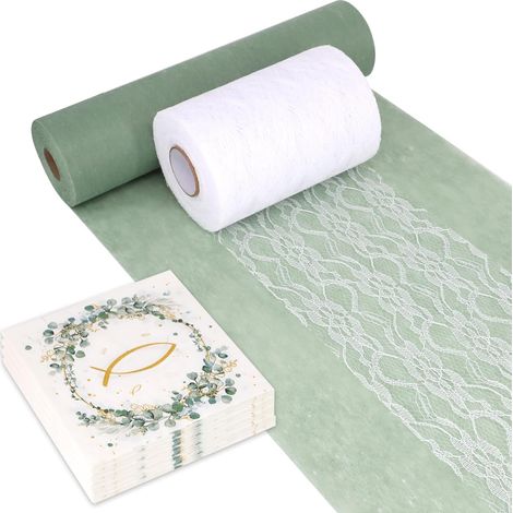 Mosel Tischläufer-Set, grün-weißes Eukalyptusmuster, 100 Servietten für die Erstkommunion, Tischläufer aus Vliesstoff (30 cm x 25 m) und Spitzenband (15 cm x 25 m) (1/5)