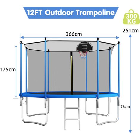 12FT Outdoor Trampoline With Basketball Hoop, Garden Trampoline With Safety Net & Ladder, Available For Toddlers And Adults, Up to 150kg