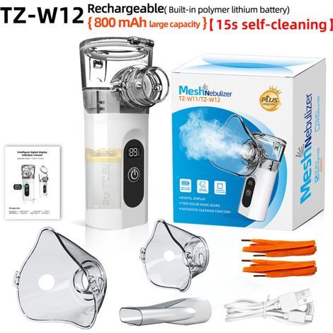 pair Nebulisateur Portable Silencieux, Nébuliseur pour Adulte et Enfant avec Ecran Digital, Aerosol Inhalateur avec 2 Masques Adulte et Enfant Embout Buccal Recharge USB-C pour la Maison et les Voyage