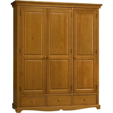 Armoire Penderie Pin Miel 3 Portes 3 Tiroirs 6 Niches L 164.3 H 194.8 P 54.5 cm