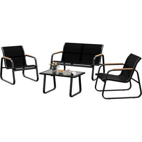 HAUSPROFI Salotto da Giardino 4 Pezzi, Divano 2 Posti, 2 Poltrone, Tavolino Vetro Temperato, Textilene Traspirante, Acciaio Verniciato Antiruggine, 220 kg, Giardino, Terrazzo, Balcone, Veranda