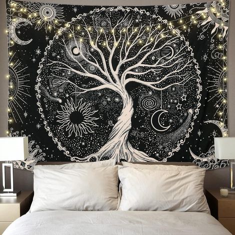 Tapisserie murale Arbre de Vie (130 x 150 cm) Lune et Soleil Noir, style psychédélique, mandala étoilé, tapisserie hippie, décoration murale pour chambre, dortoir, fête, style bohème. (1/5)