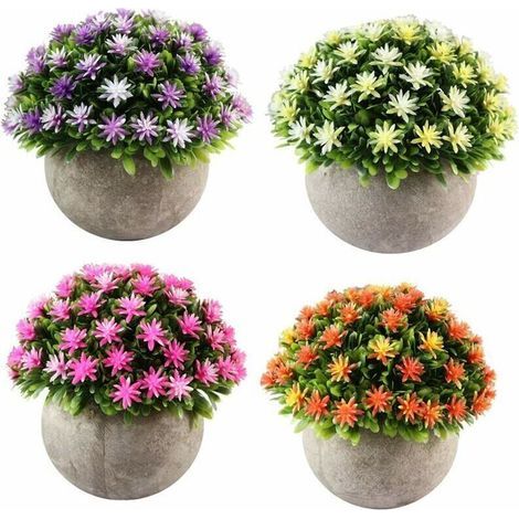 Set of 4 Small Artificial Flower Plants with Pot, Indoor/Outdoor Decoration (Orange, Pink, Yellow, Purple) (1/4)