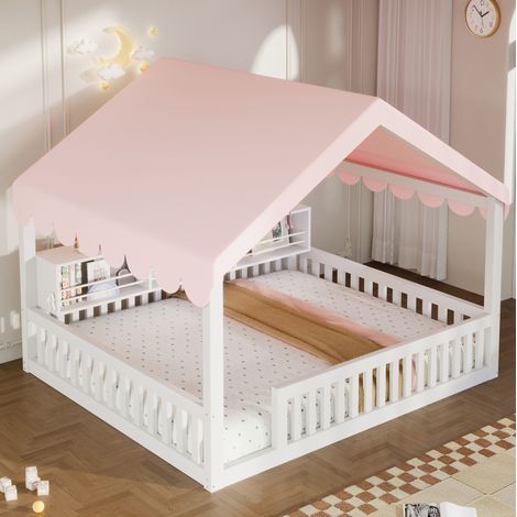 Kinder-Hausbett 140x200 cm mit Baldachin, LED-Lichterkette und Regal, Weiß OKWISH (1/5)