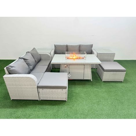 Fimous Outdoor Garden Furniture Sets 8 Seater Wicker Rattan Furniture Sofa Sets with Firepit Dining Table high Back Lounge Sofa 2 Big Footstool 2 Side Table Light Grey (1/4)