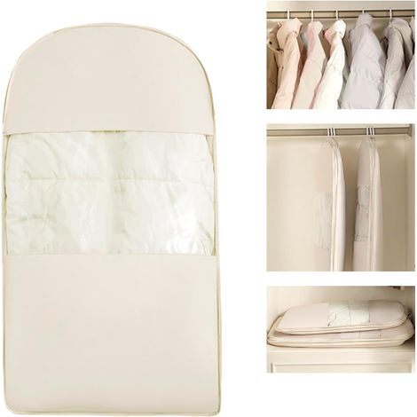 Housse de vêtement suspendue beige gainant de place, équipée d’une fermeture éclair de compression, housse de protection pour manteaux et doudounes pour rangement dans l’armoire (1/5)