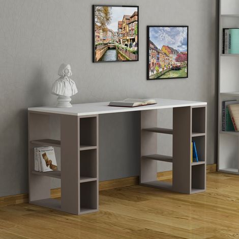 Decortie Colmar Modern Desk White Mocha Grey With Bookshelf Legs Width 140cm (1/3)