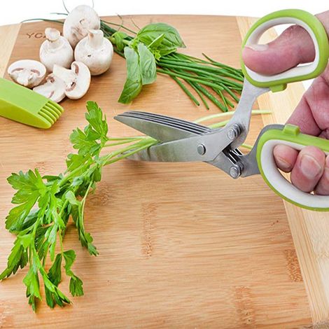 Kräuterschere mit 5 Klingen, Küchenhelfer, Zerkleinerer und Hacker, Mehrzweck-Küchenschere mit Schutzhülle, Bürste, Blattschäler (1/5)