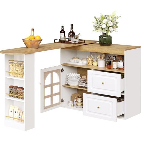 Mobile Bar Girevole con 2 Cassetti, Ripiani e Anta in Vetro Curvo, in MDF, Bianco, 138-204 x 39 x 104 cm (1/5)