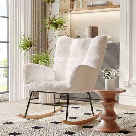 Sedia a dondolo, poltrona a dondolo imbottita in tessuto sherpa con schienale, struttura in metallo e braccioli, sedia rocking chair - beige