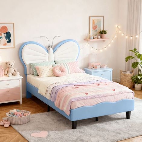 Cama infantil 90x190 - Somier de lamas - Lámpara de escritorio LED - Cama individual - Terciopelo - Cabecera de mariposa ajustable - Blanco y azul (1/5)