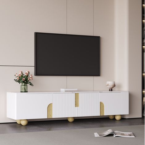 Mueble TV 180 cm 4 puertas, efecto mármol, MDF y tablero de partículas blanco DESVIAE (1/5)