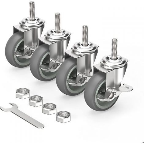 Lot de 4 roulettes de meuble pivotantes avec tige filetée M10, frein, 75 mm, argentées (1/5)