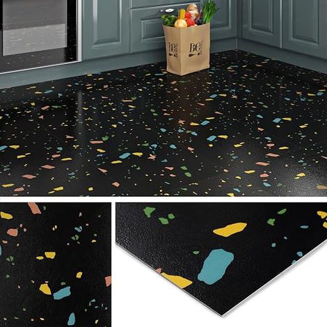 PVC Adhesive Floor Tile Black Terrazzo 30 x 30 cm Tile Adhesive Floor Kitchen Black Lino Floors Bathroom Dark Marble Vinyl Floor Covering Children's Bedroom Corridor Toilet, 4 Tiles (1/5)