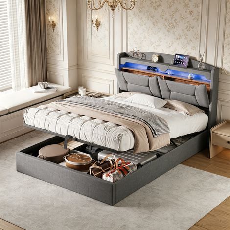 Lit coffre 140x190 cm avec tête de lit multifonction, tissu lin gris clair, port USB et bande LED intégrée en tête de lit
