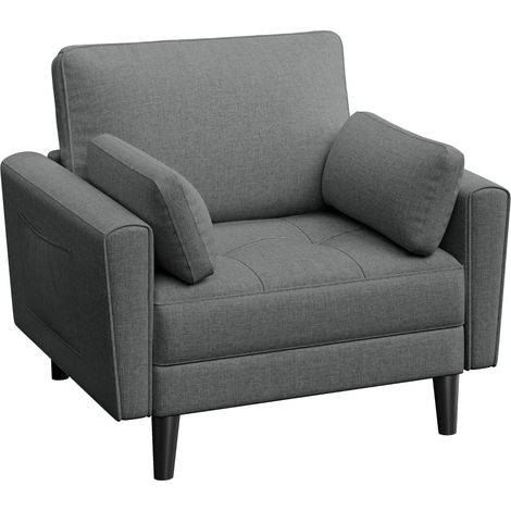 Fauteuil de Salon Moderne avec Accoudoir et Poches Chaise Relax avec Coussins Cadre en Bois Fauteuil Chambre en Tissu pour Salon Gris (1/5)
