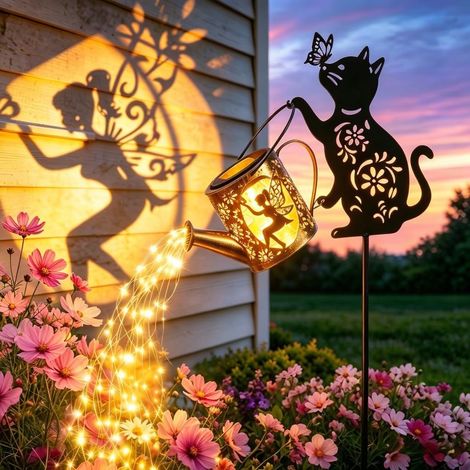 Arrosoir Solaire avec Découpage Papillon Fée & Fleurs, Silhouette Chat Lampe Solaire Extérieur Guirlande Lumineuse, Décoration Jardin Étanche pour Terrasse Allée, Cadeau Maman Amoureux Chats Jardinier (1/5)
