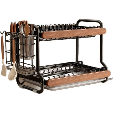 Égouttoir à Vaisselle Inox 2 Niveaux, Porte-Couverts Amovible et Bac d'Égouttage, Rangement Cuisine Gain de Place (1/5)
