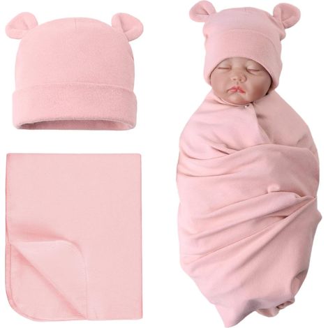 Coton Couverture d'emmaillotage avec Bébé Chapeau de Nouveau Né Mignon Ours Naissance Couverture et Bonnet (Vieux Rose) (1/5)