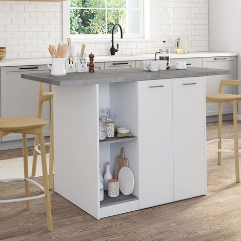 Isla central BAO 140 cm para 4 personas en madera blanca con encimera efecto hormigón