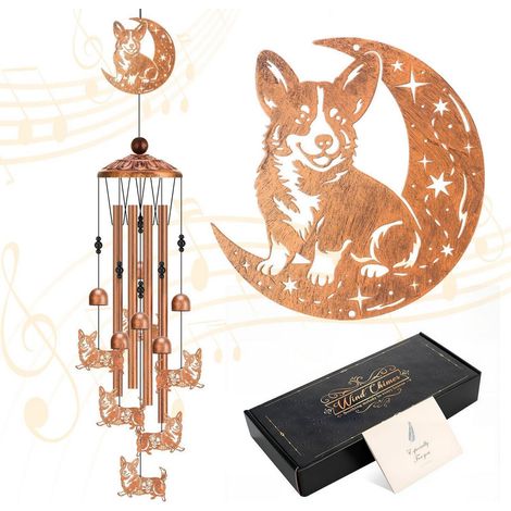 Corgi Windspiel Metall für Garten Deko, Bronzefarben, 89cm, Melodische Klänge
