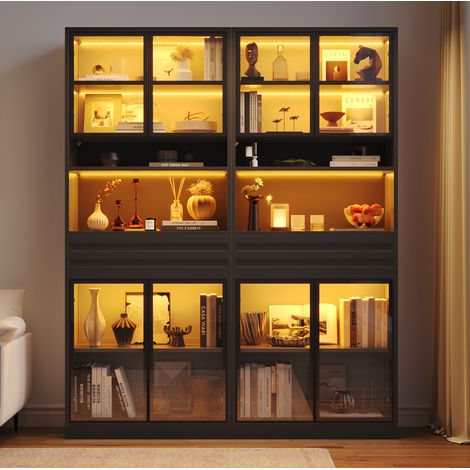 Vitrine haute 160x35x200 cm en MDF noir avec LED, pour salon, gain de place – MEUBLIV (1/5)