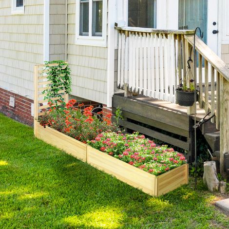 Hochbeet für den Garten, mit Rückenlehne und zwei offenen Böden, Pflanzkasten mit Rankgitter für Kletterpflanzen aus Tannenholz, für Pflanzen und Blumen, 230 x 60 x 110 cm, Holzfarbe