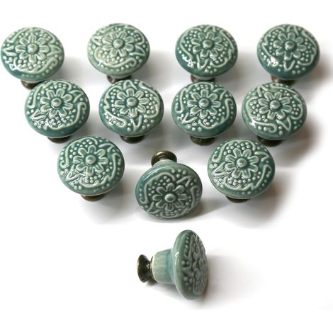 JSSEVN - Set of 12 vintage cabinet knobs with 34mm round ceramic handles, round vintage furniture handles for home (green) (1/5)