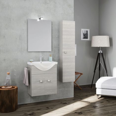 Badmöbel Hängend In Grau 56,5Cm Mit Hochschrank Colonna, Waschbecken+Spiegel  Facile