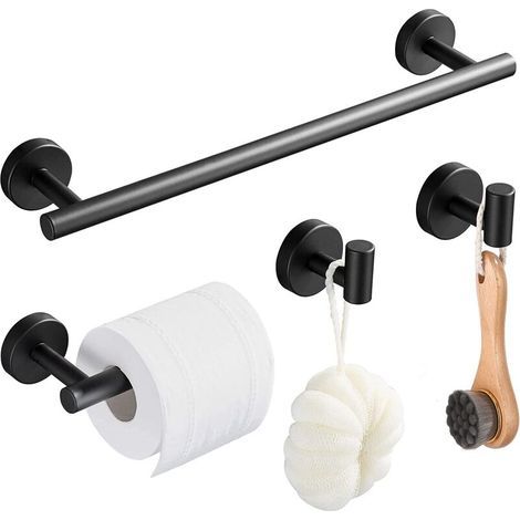 4-Piece Bathroom Accessory Set Black Towel Holder Toilet Paper Holder Hook made of SUS 304 stainless steel with screws