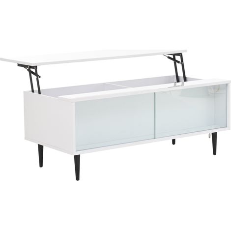 Table basse relevable avec rangement en panneaux de particules et verre trempé, 105 x 50 x 43 cm, blanc avec LED contrôlable par application (1/5)