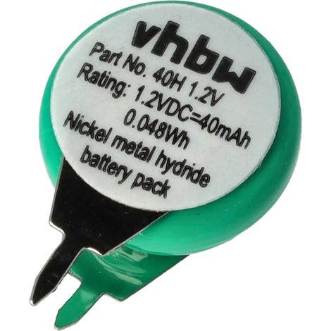 vhbw Knopfzellen Akku Typ V40H (NiMH, 40mAh, 1.2V) - 1 Zelle, 2 Pins Printanschluss, wiederaufladbar