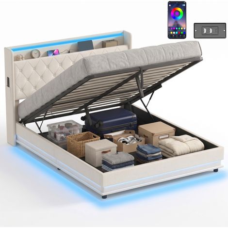 HOMCOM Lift up Storage Bed Frame with RGB LED Lights, 150 x 200cm, White (1/5)