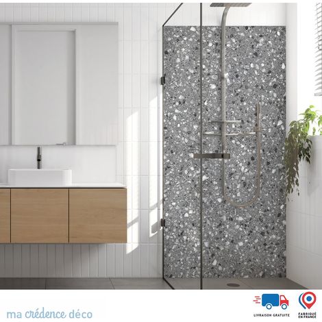 Panneau de douche : Terrazzo et granit - Couleur Gris anthracite - Alu composite - 90 - 245 (1/3)