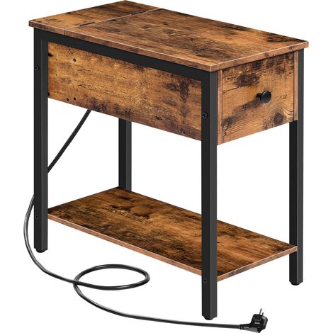 HOOBRO Tavolino con Stazione di Ricarica, Comodino con Porte USB e Prese, Tavolino da Divano con Cassetti, per Piccoli Spazi, per Camera da Letto e Soggiorno, Marrone Vintage e Nero EBF042BZ01 (1/5)