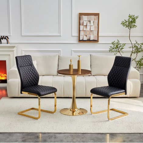 Set tavolo rotondo 60 cm in MDF effetto noce con 2 sedie nere, gambe oro (1/5)