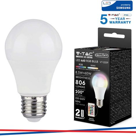 V-TAC Lampadina LED E27 8.5W A60 con Telecomando RGB+Bianco Naturale Dimmerabile