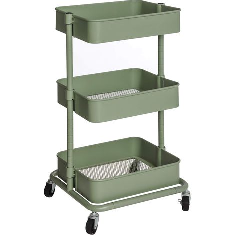 Chariot 3 Niveaux, Desserte, Étagère De Rangement Mobile, Tablette Réglable En Hauteur, Avec 2 Freins, Montage Facile, Pour Salle De Bain, Cuisine, Bureau, Vert Olive BSC060C01 (1/5)
