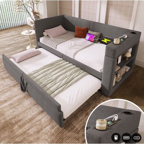 Divano letto estraibile 90x200 cm grigio in misto cotone e lino con ricarica USB-C e portabevande (1/5)