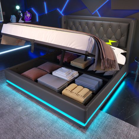 Bett mit Stauraum PU Schwarz 160x200 cm, Polsterbett mit LED, USB/Typ-C und Lattenrost (1/5)