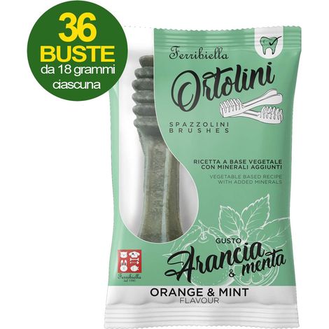 Snack-Zahnbürsten für Hunde Ortolotti Geschmack Orange und Minze 36 Mini-Packung mit je 2 Stück (1/3)