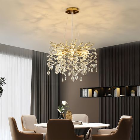 Luxus Kristall Deckenleuchte Gold 60 cm moderne Pendellampe mit K9 Kristallen und E14 Fassung hoehenverstellbar fuer Esszimmer Wohnzimmer Beleuchtung