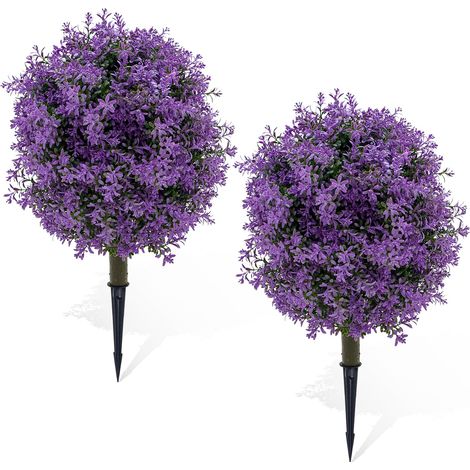 Lot de 2 boules de buis artificielles topiaires 60 cm en PE - Aspect réaliste - Résistantes UV & intempéries - Avec piquets de sol - Déco jardin/terrasse/porche - Violet (1/5)