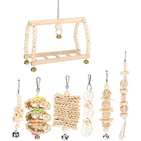 Ensemble de 7 jouets pour perroquet comprenant une balançoire suspendue, des clochettes, un pont en bois et des pièces à mâcher. (1/5)