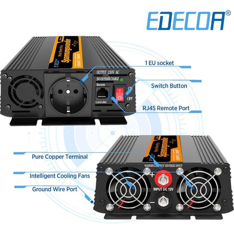 Edecoa – Convertisseur de tension 12V 1000W – Onduleur sinusoïdal pur avec télécommande – 2 ports USB 5V 2.1A – Protection survoltage et surchauffe