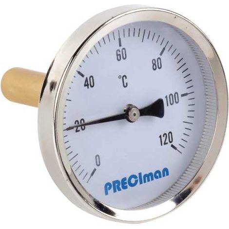 Thermomètre inox axial D.65 – Plage de température 0 à 120°C – Longueur 10cm – Protection IP31 – Cadran aluminium – Preciman