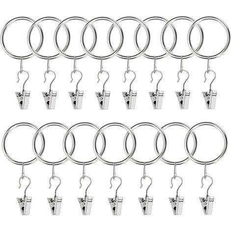 15 Pièces Rideau Bague Clips avec Crochet, Anneaux à Pince 32mm Diamètre Intérieur, Acier Inoxydable Métal Anneaux Clip Rideau, Anneaux de Rideau, pour Rideaux et Tringles (Argent)