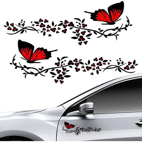 2 Pcs Autocollant Voiture, Stickers pour Voiture Avec Motif Papillons et Fleurs,Stickers Personnalisé pour Capot Couverture de Voiture,Moto,Planches à Roulettes,Valises,Murs(Rouge et Noir) (1/5)
