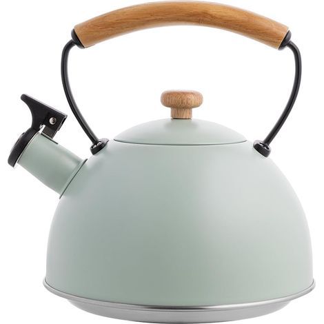 Bouilloire en acier inoxydable (2,5 l)  Bouilloire à sifflet I Poignée en bois I Bouilloire non électrique I Compatible induction et gaz I Pour le thé et le café I Sifflet automatique I Couleur : ment (1/5)